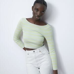 Zara Mint Green/ Yellow Striped Knit Long Sleeve Crop Top Size Medium NWT